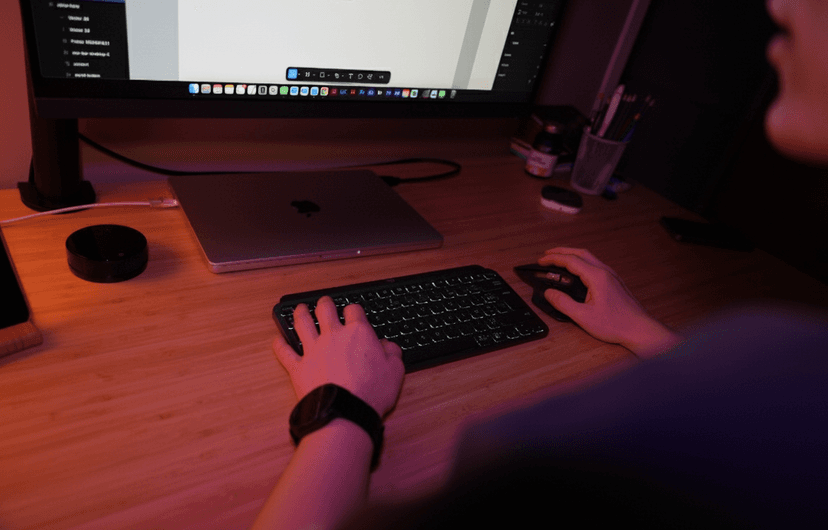 Main gauche sur le clavier et main droite sur une souris